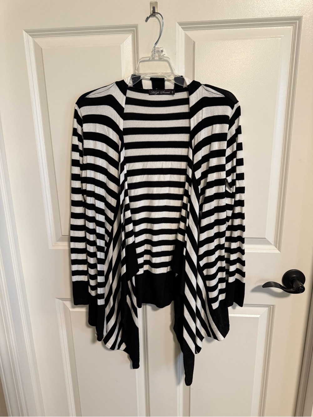 Striped Open-Front Cardigan Sweater in Black and White